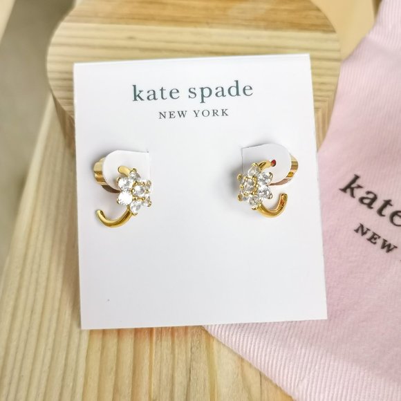 Myosotis Flower Gold Huggie Earrings (Clear) NWT